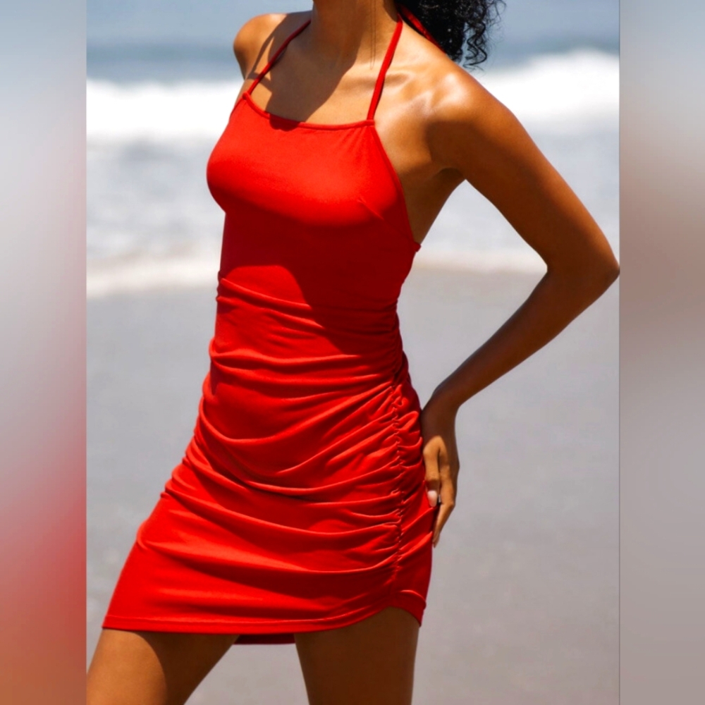 Hutch Anthropologie Ruched Halter Dress Red Size Small